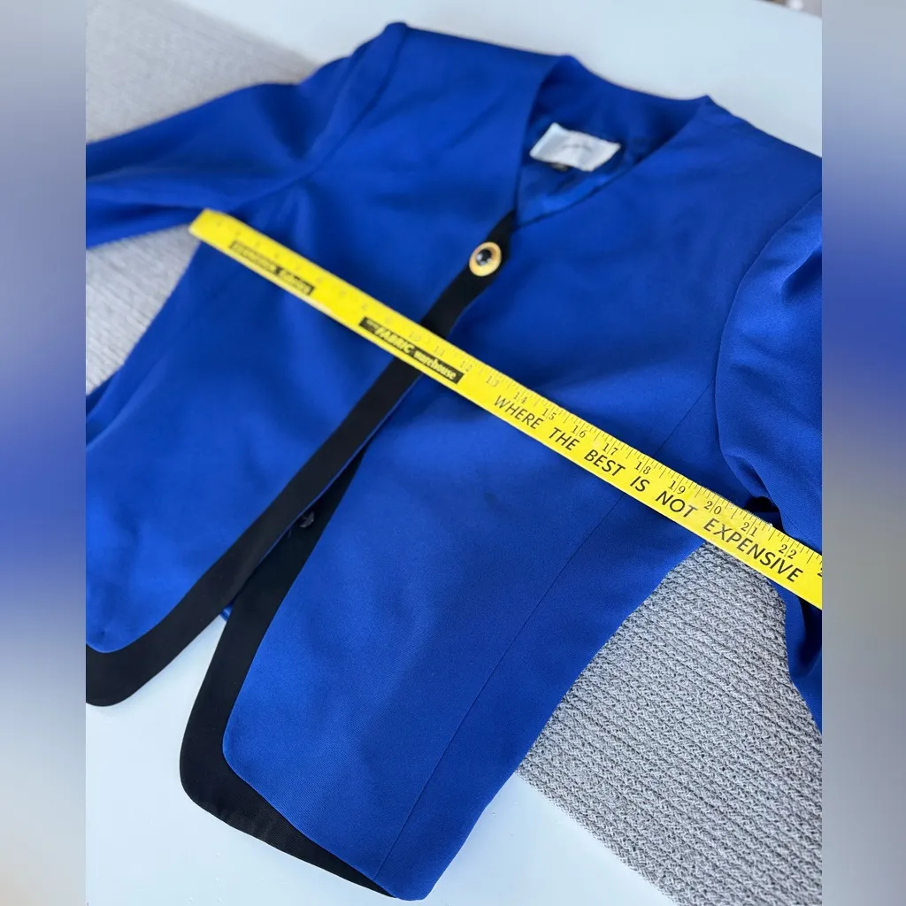 Vintage Jacqueline Ferrar Cobalt Blue Black Blazer Jacket Shoulder Pads 14 Pet Size 14P - Image 8