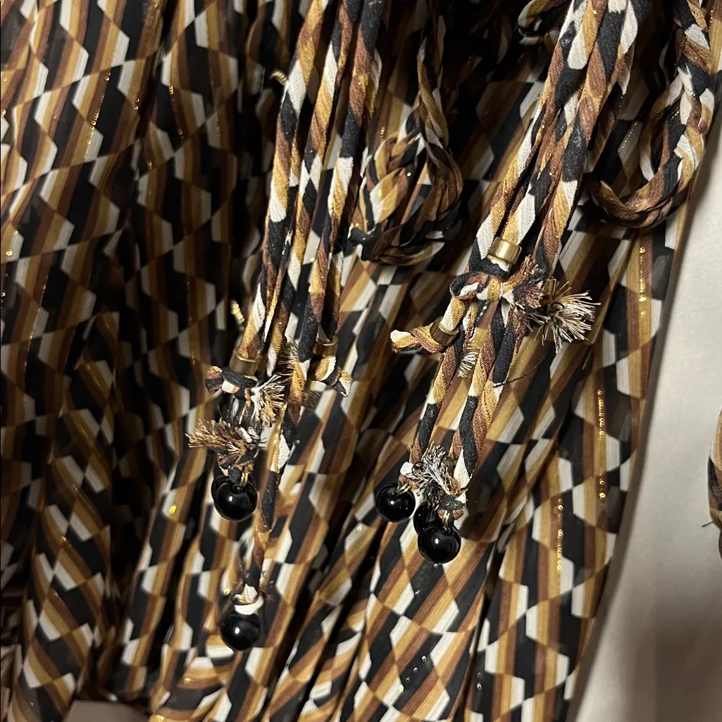 Zara Brown Gold Geometric Print Ruffled Long Sleeve Button Down Belted Dress S - Image 9