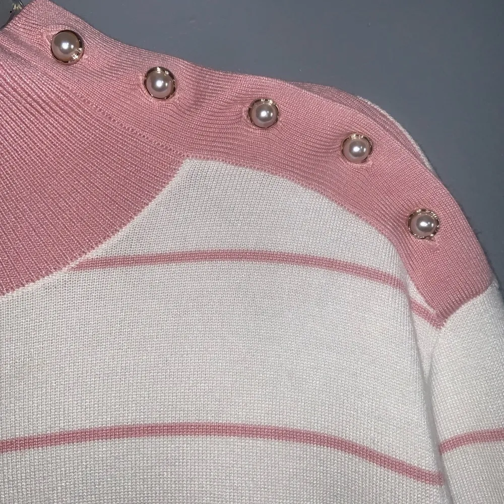 Investments Pink & White Striped Mock Neck Pearl Button Shoulder Knit Top Lg - Image 5