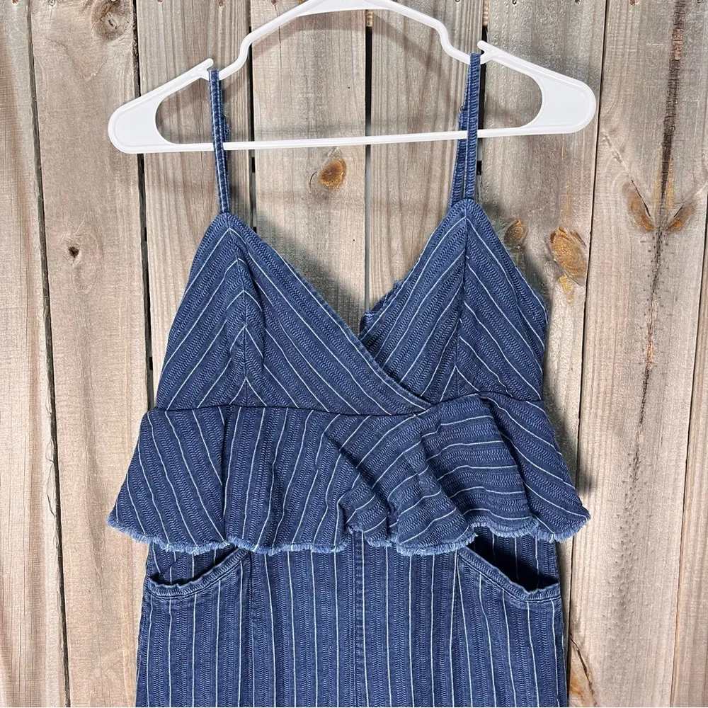 Ett:twa Anthropologie denim pleated pant jumpsuit cotton blend adjustable peplum - Image 3