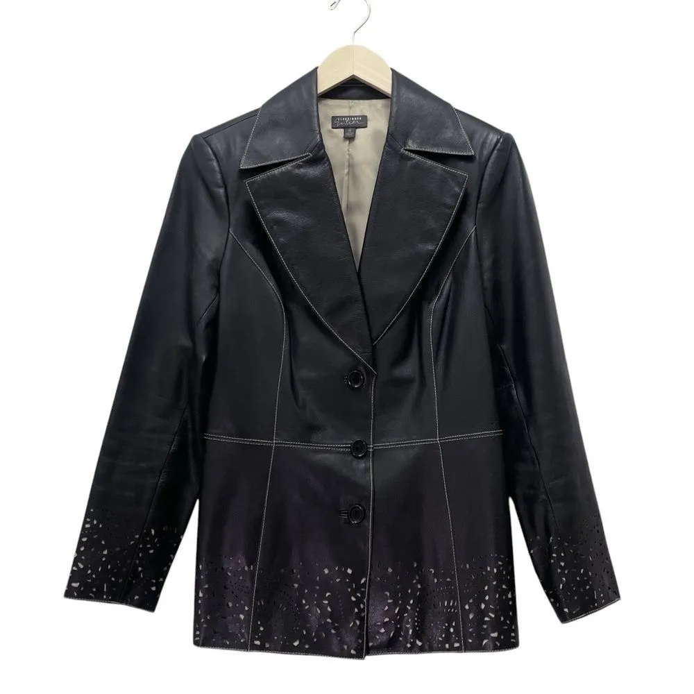 Vintage Classiques Entier Black Leather 3-Button Blazer Lasercut Trim Sz 10 Y2K - Image 2