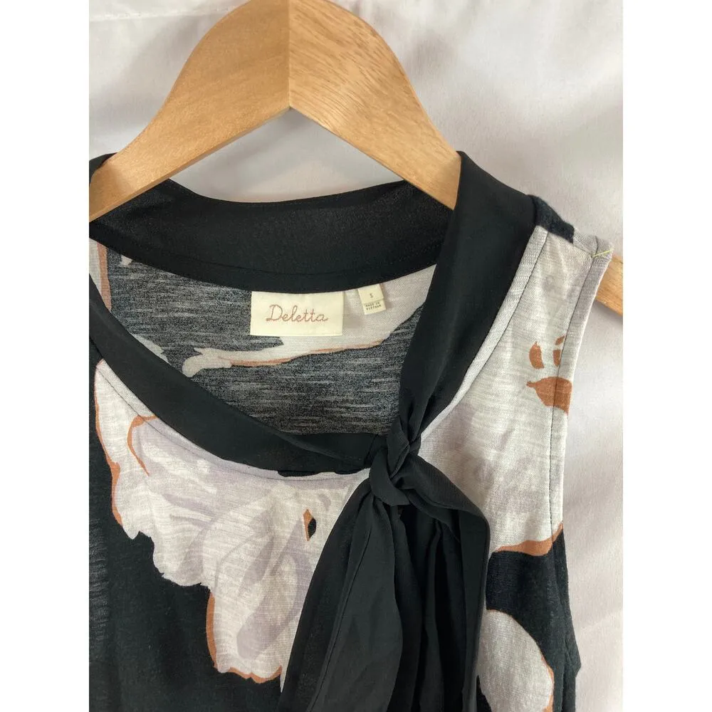 Deletta Anthro Floral Tie Neck Top Linden Size Small - Image 3