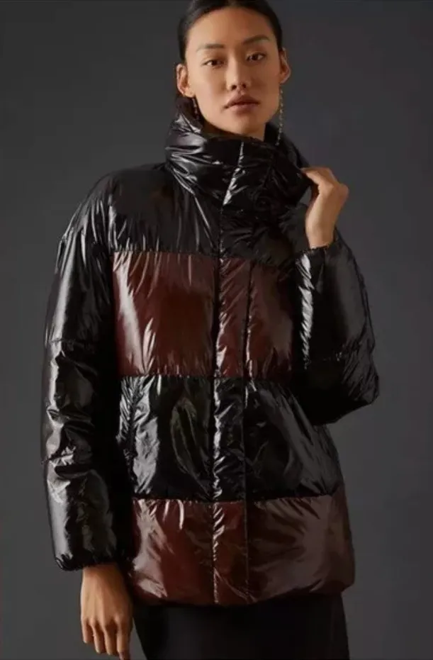 NWT $279 wOMEN BADGLEY MISCHKA Roberta Coat Jacket Puffer Shiny In Brown - Image 1
