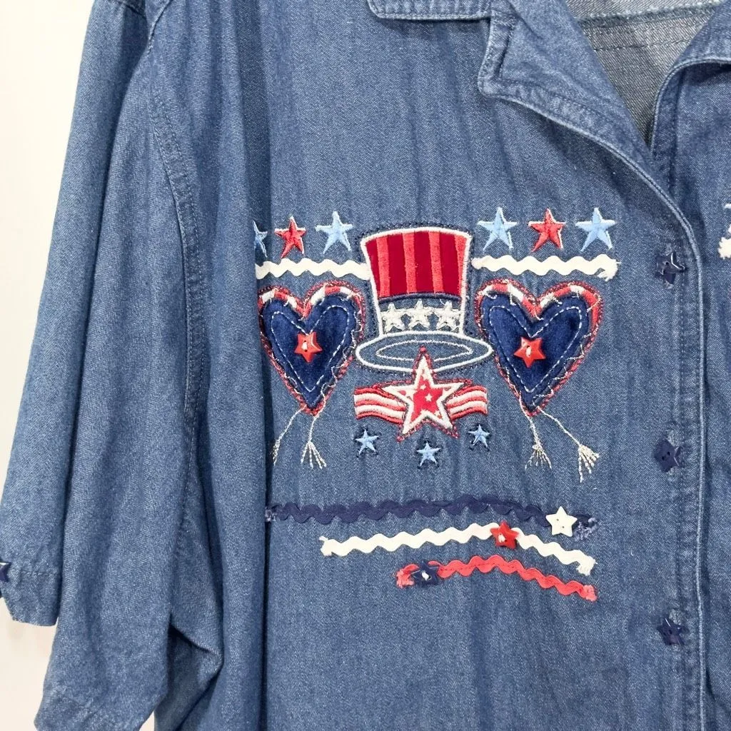 Bobbie Brooks Plus Size 26W 28W Denim Top Patriotic USA‎ Flag 4th of July 627 Blue - Image 6
