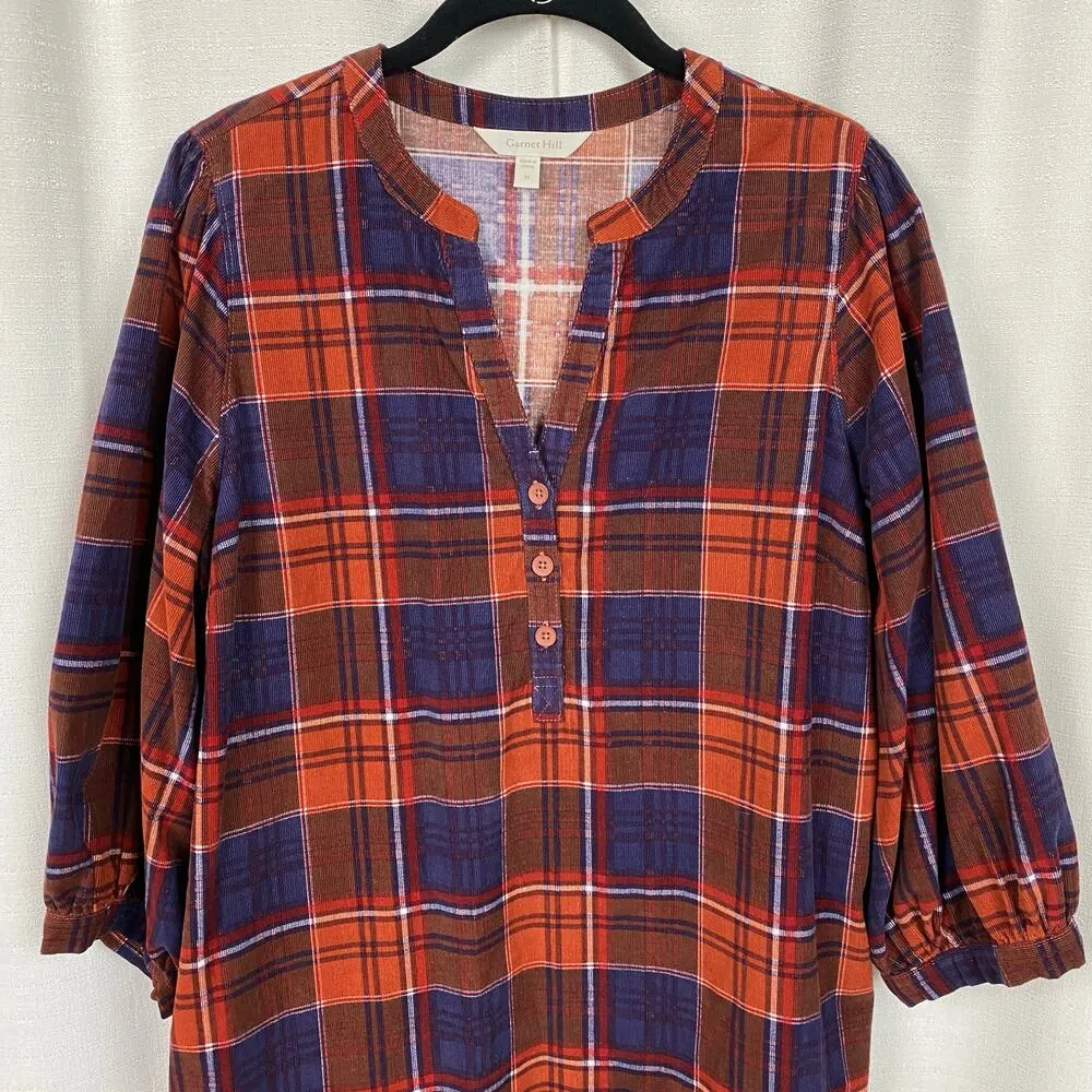 Garnet Hill Brown Plaid Corduroy Puff Sleeve Shift Mini Dress Sz.M - Image 4