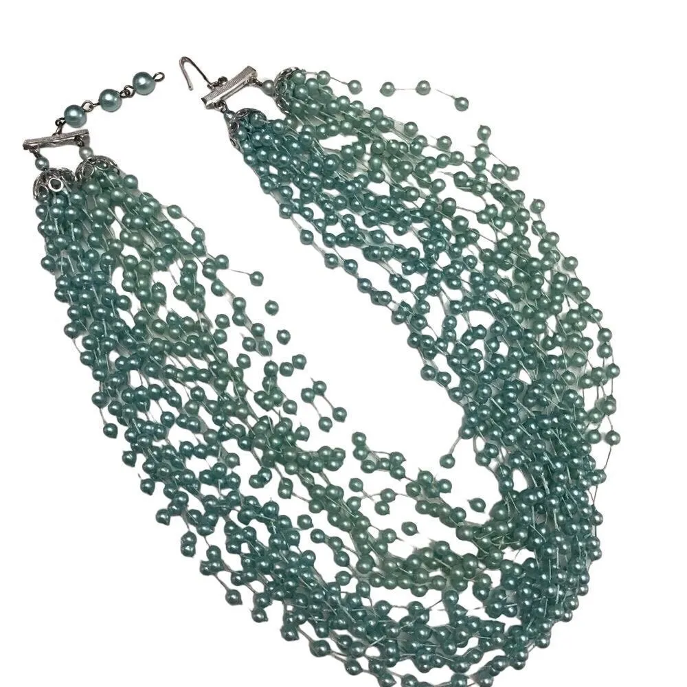 VTG ‘60s Baby Blue Multi Strand Choker and Matching Clip Earrings - Image 4