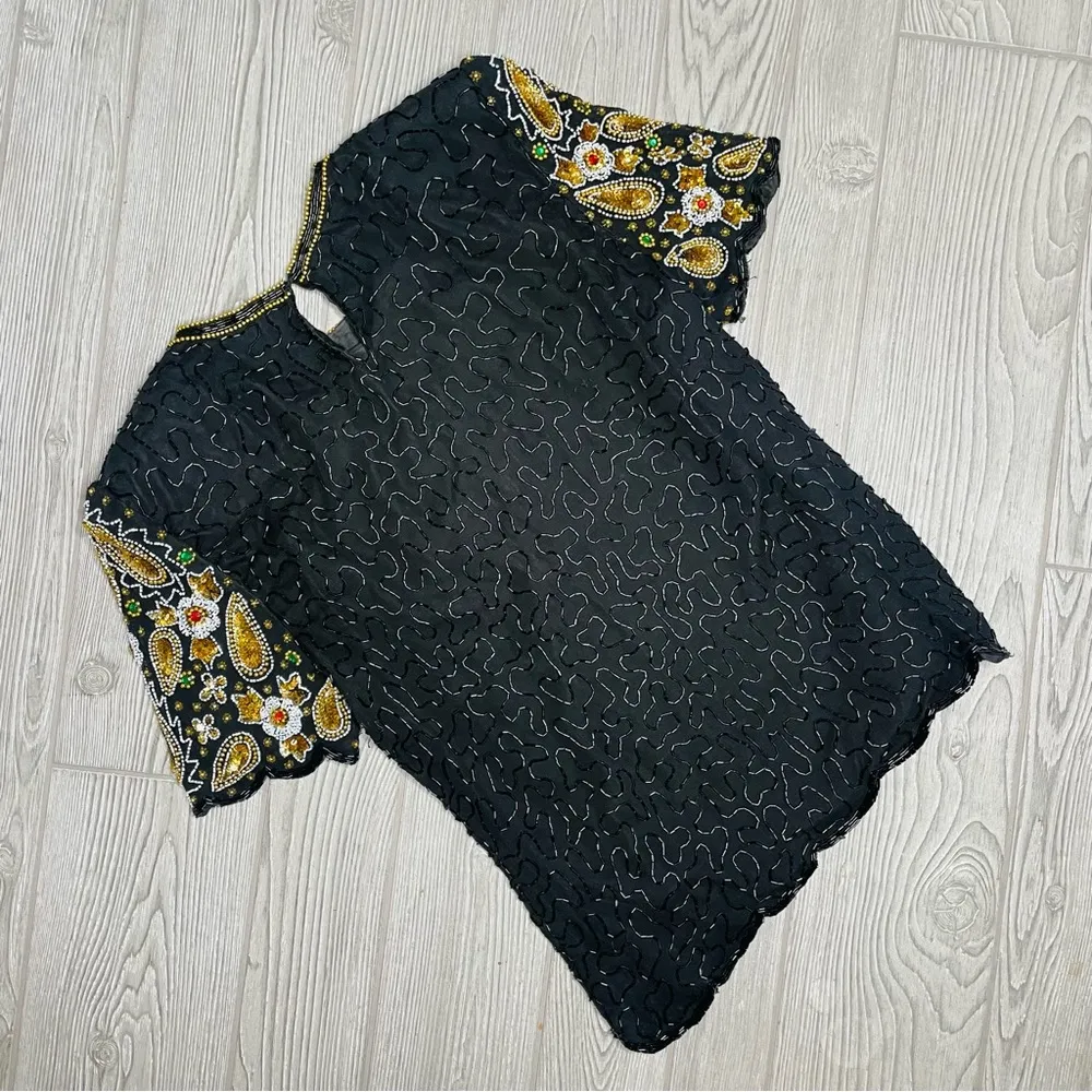 Dead stock vintage Laurence kazar beaded sequin jacket & short sleeve top shirt - Image 9