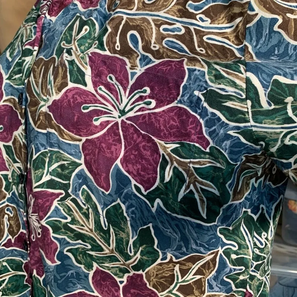 Vintage Hilo Hattie Hawaiian Shirt Camp Collar Tropical Abstract Floral Small Blue - Image 9
