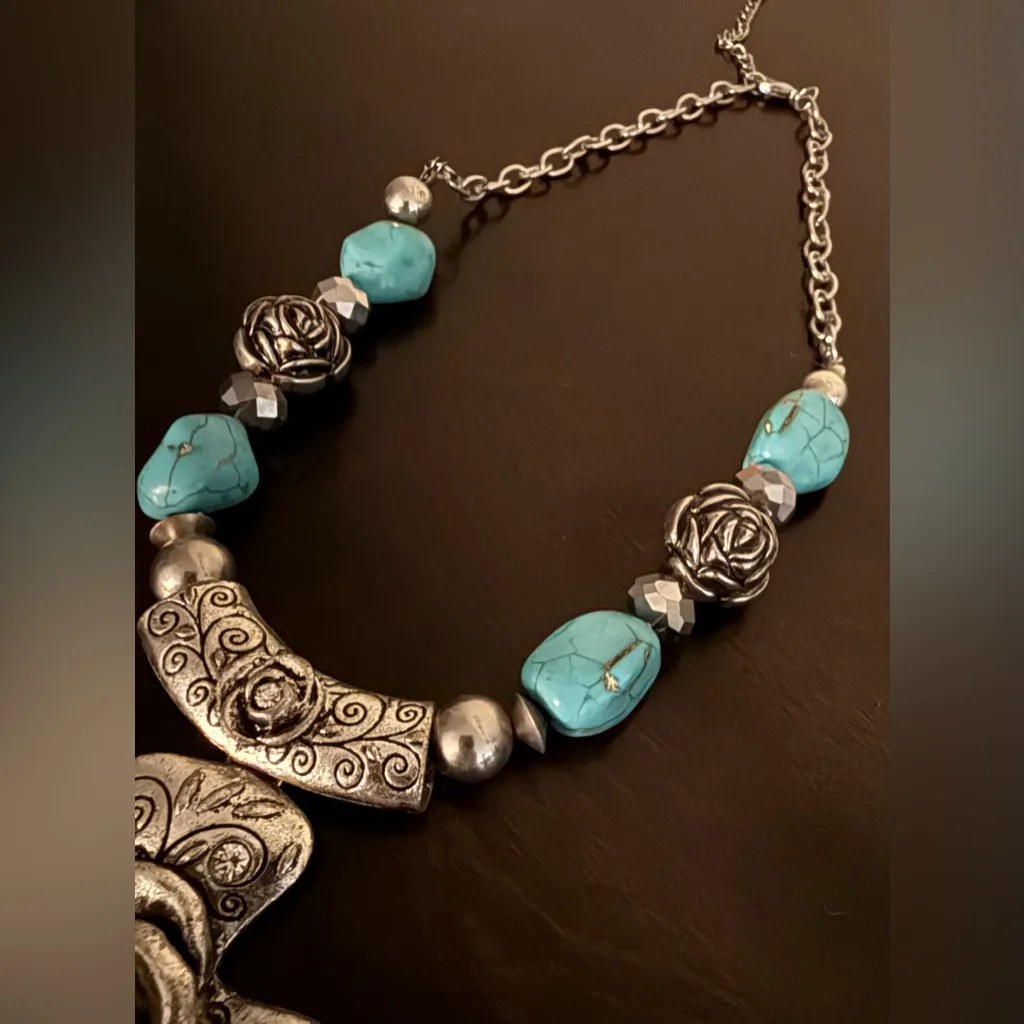 Ornate Chunky Silver | Turquoise Beaded Cross | Religious Necklace - Image 2