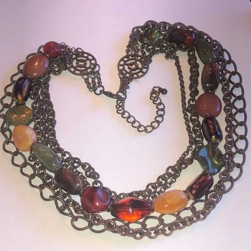 Brass Tone Bronze Tone Multi Strand Chain Beaded Boho Acrylic Beads Necklace - Image 3