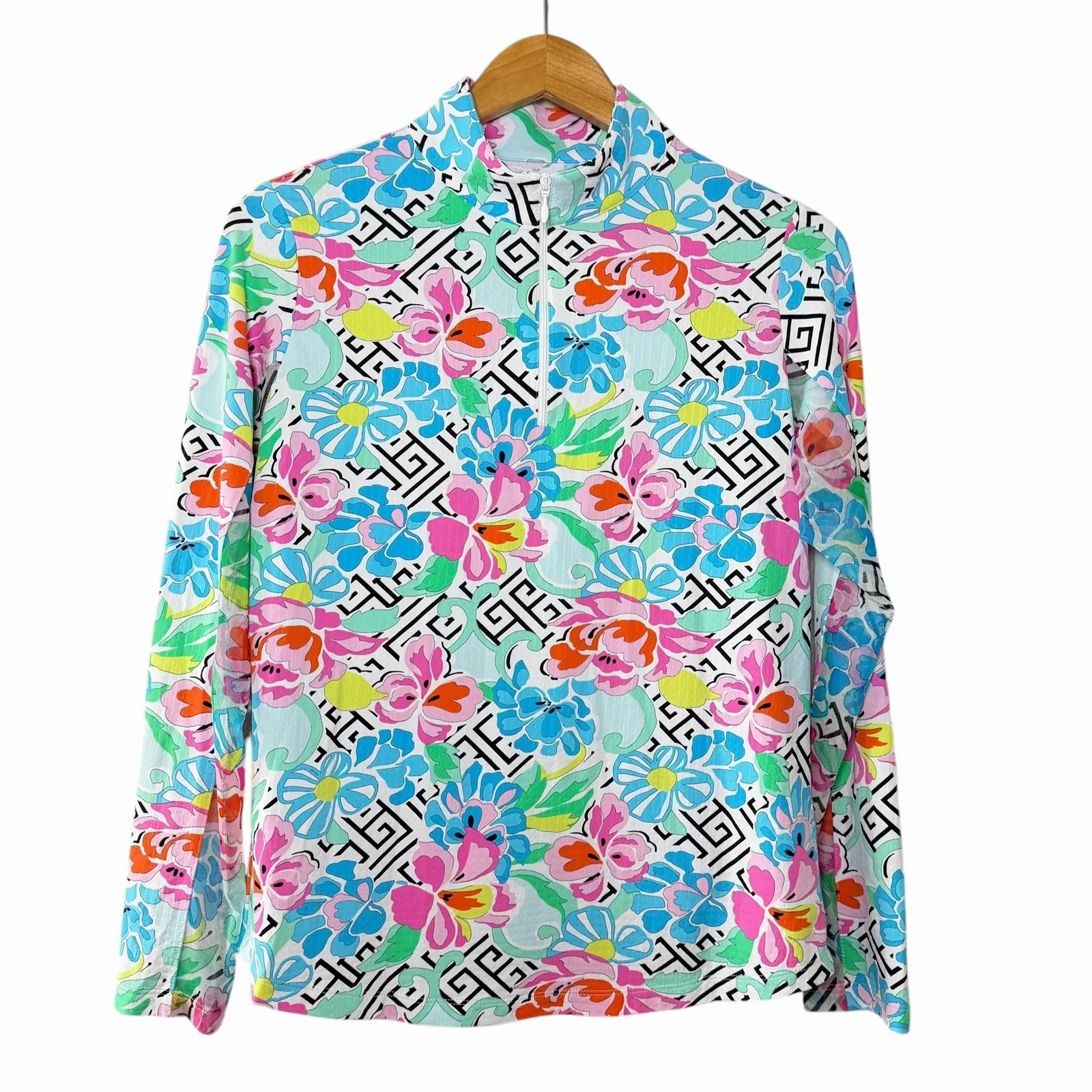 IBKUL Women's Hera Floral Print UPF 50 Size M Mock Neck Zip Top Golf Tennis Pink Size M - Image 2