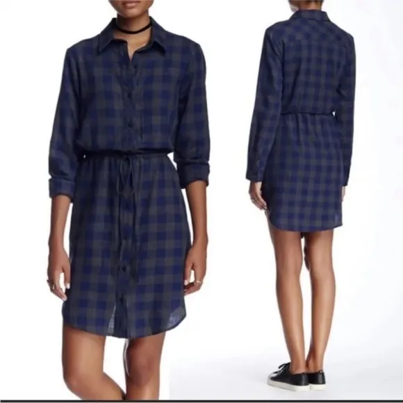 Anthropologie Ro & De Blue Gray Plaid Cotton Belted Dark Academia Shirtdress M - Image 2
