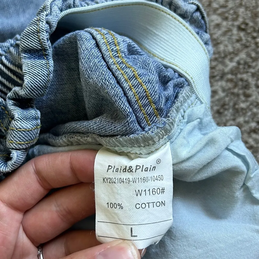 Plaid & Plain Elastic Waist High Rise Denim Jean Retro Rolled Shorts Medium - Image 3