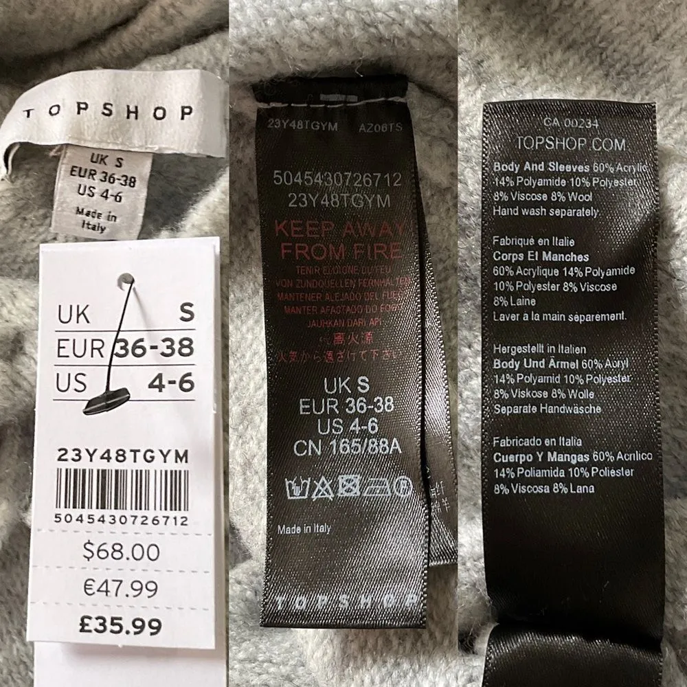 Topshop Heathered Gray Cropped Hooded Sweater 4-6 NWT - Image 4