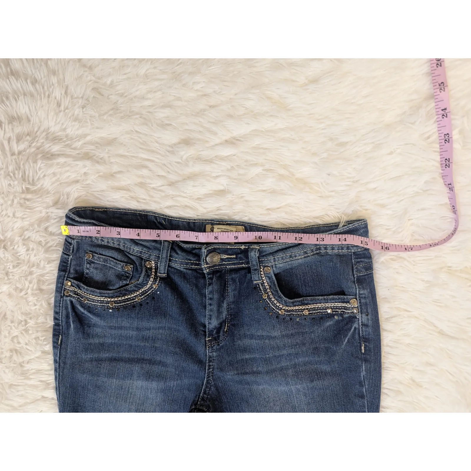 Y2K Vintage Earl Jean Bedazled Lace Detail Capri Cut Medium Wash Jeans Size 8 Blue - Image 5