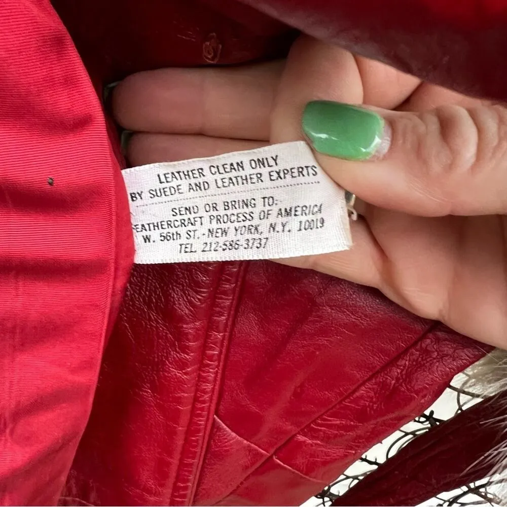 Vint 60s 70s Red Leather & Silver Fox Fur Collar Mrs Claus Christmas Trench Coat Size XL - Image 9