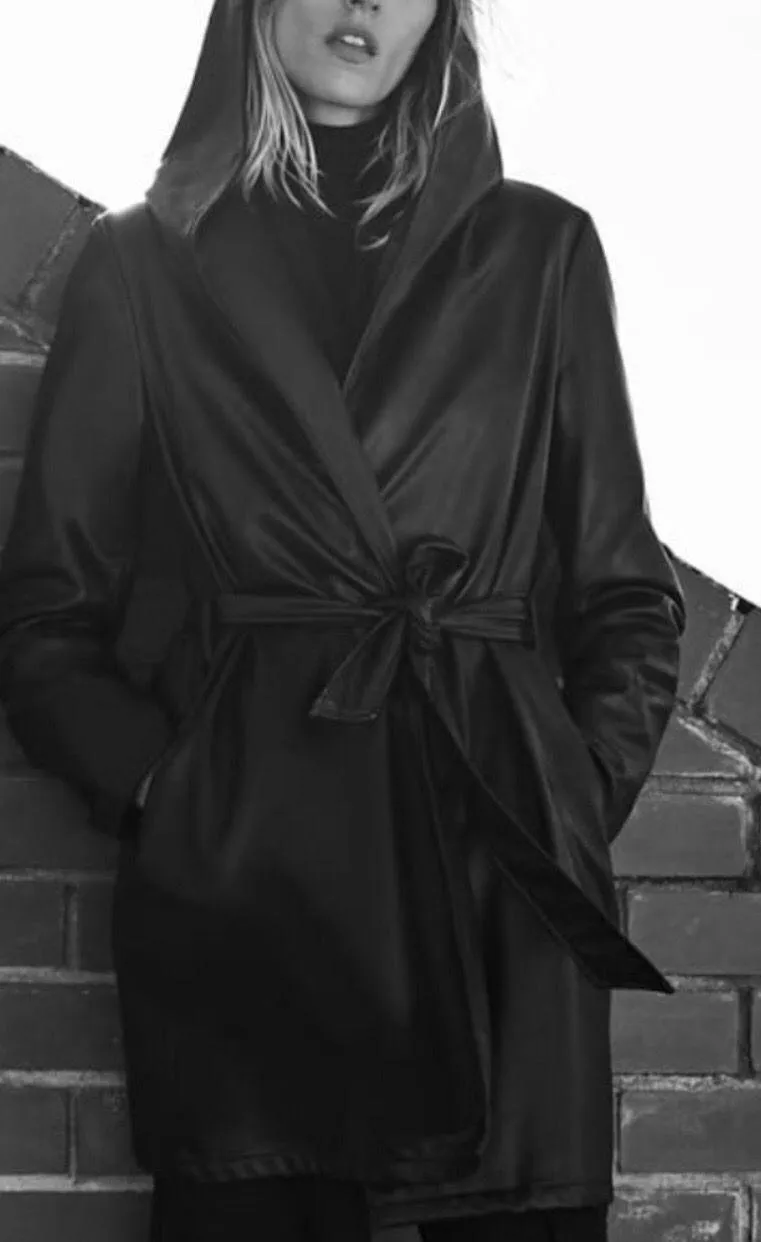 NWT  Belted Faux Leather Hooded Black Coat - Image 6
