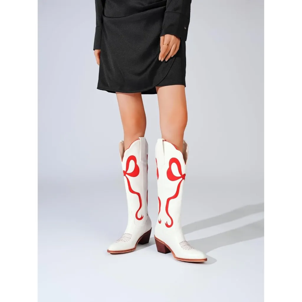 ⚡Women's Red Cowgirl Boots Bow Knee High Almond Toe Chunky Heel Embroidered Size 12 - Image 3