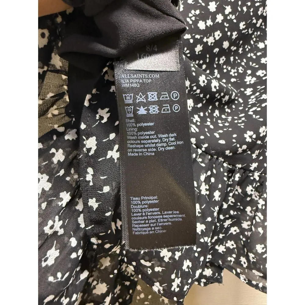 AllSaints Womens Wrap Top Sz 4 Black White Floral Ruffle Peplum Hem‎ Chiffon - Image 7