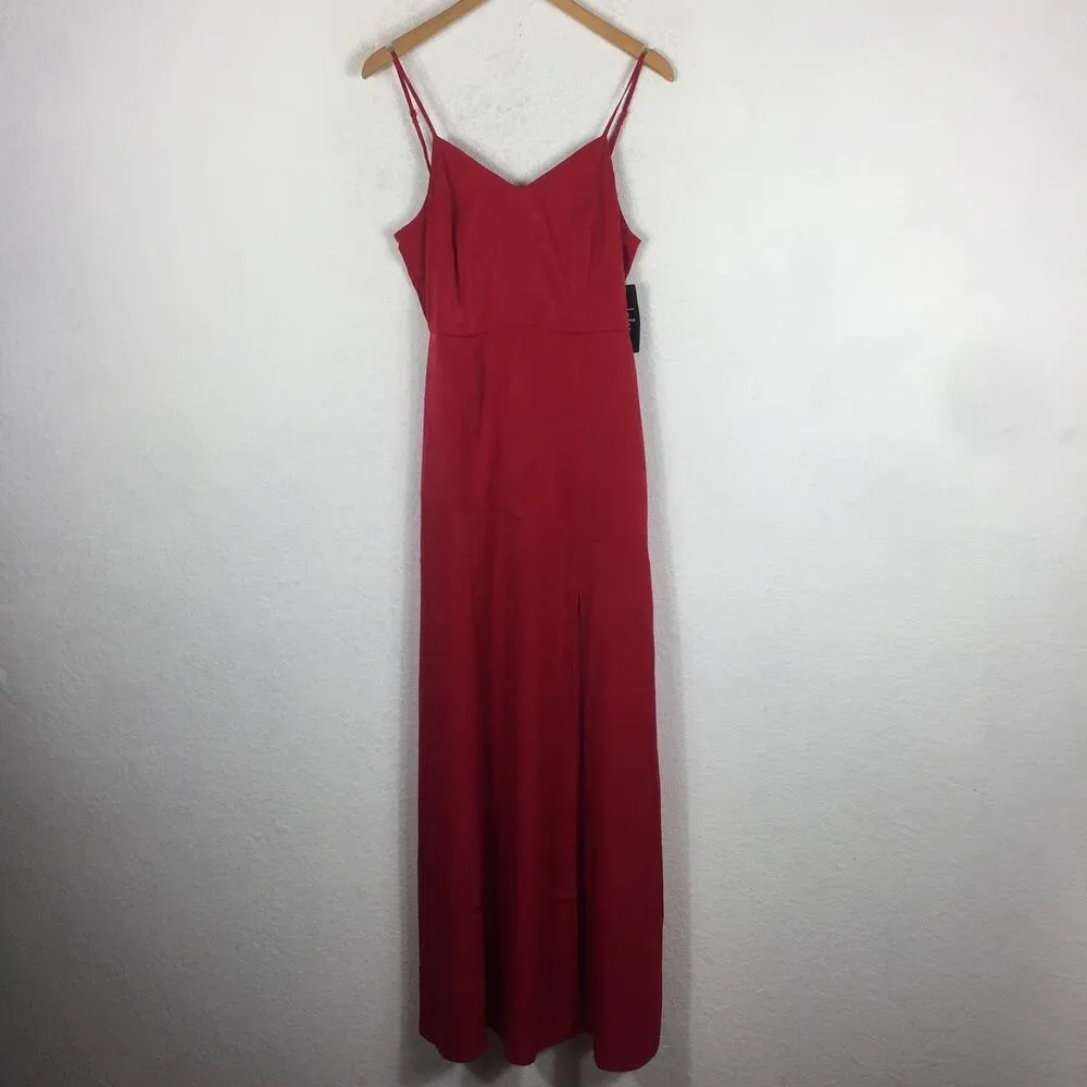 NWT Lulus Hot Date Red Satin Slip Maxi Dress Medium Sleeveless Asymmetric Seam - Image 4