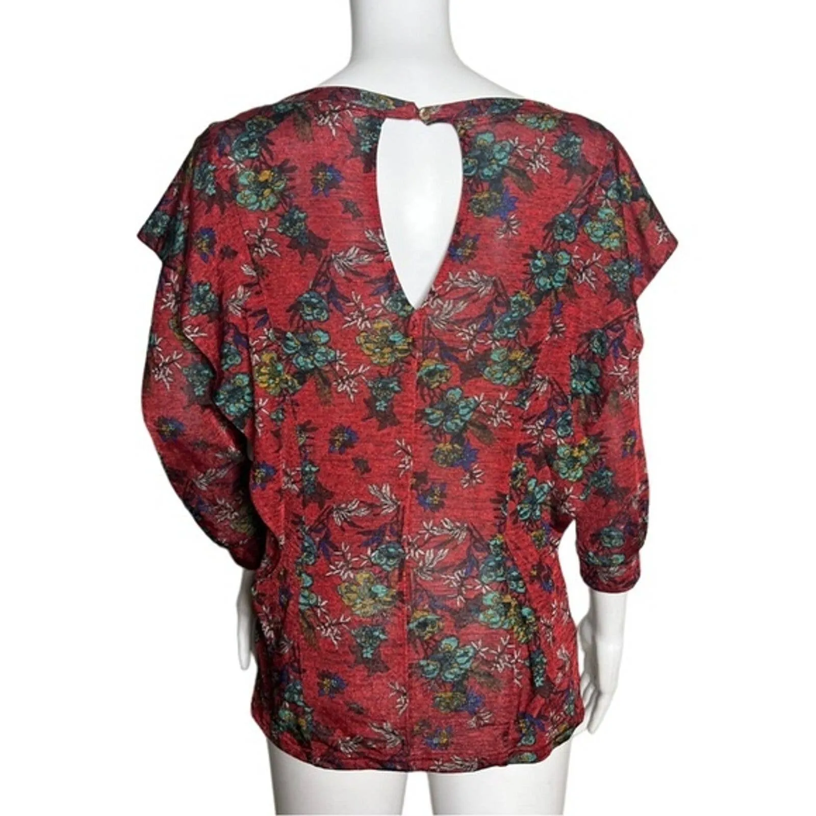 Free People Shirt Womens Small Red Floral Dock Street Blouse Ruffle Boho Peasant - Image 3