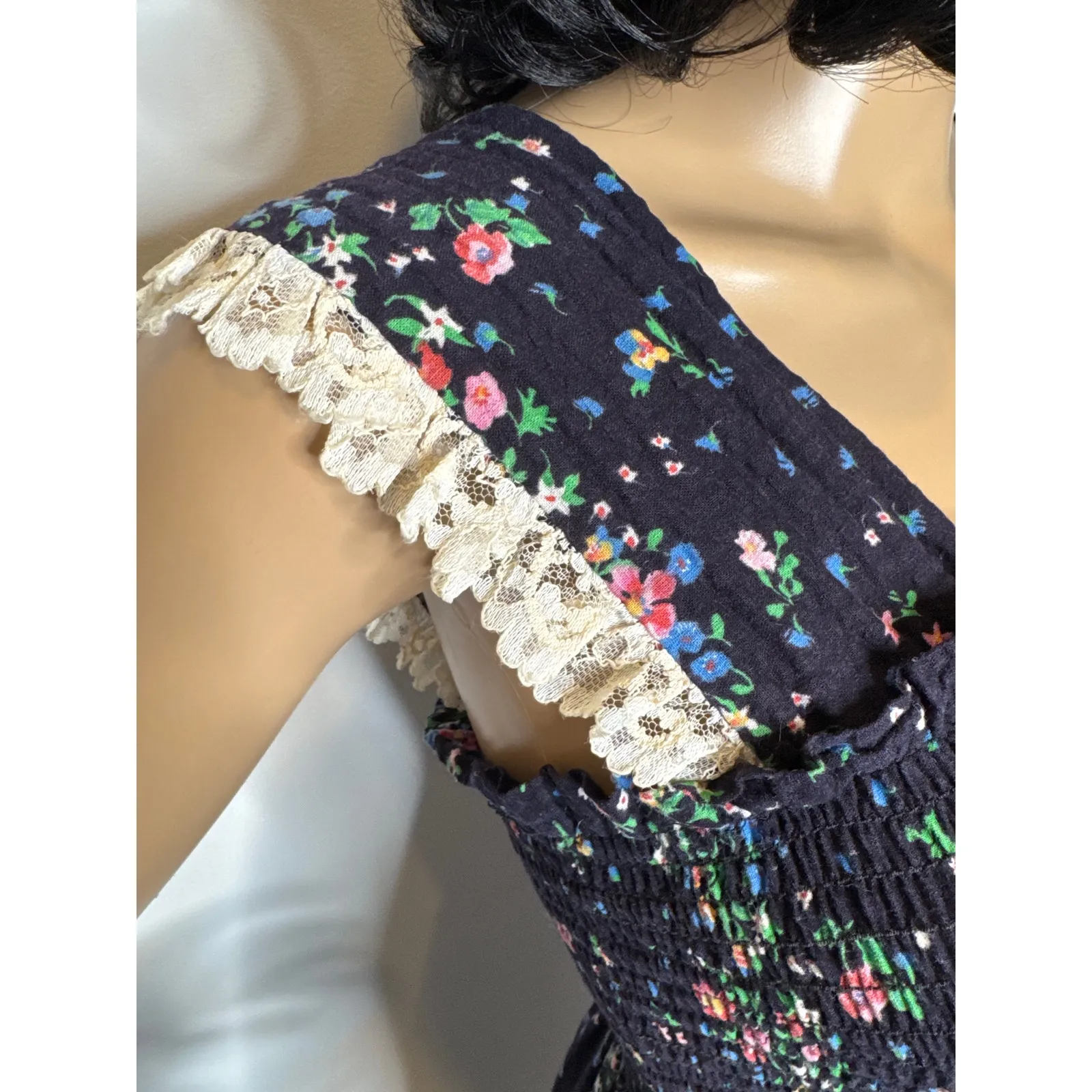 Vintage 70s The Fig Leaf Floral Smocked Cottagecore Prairie Midi Cotton Dress XS - Image 6