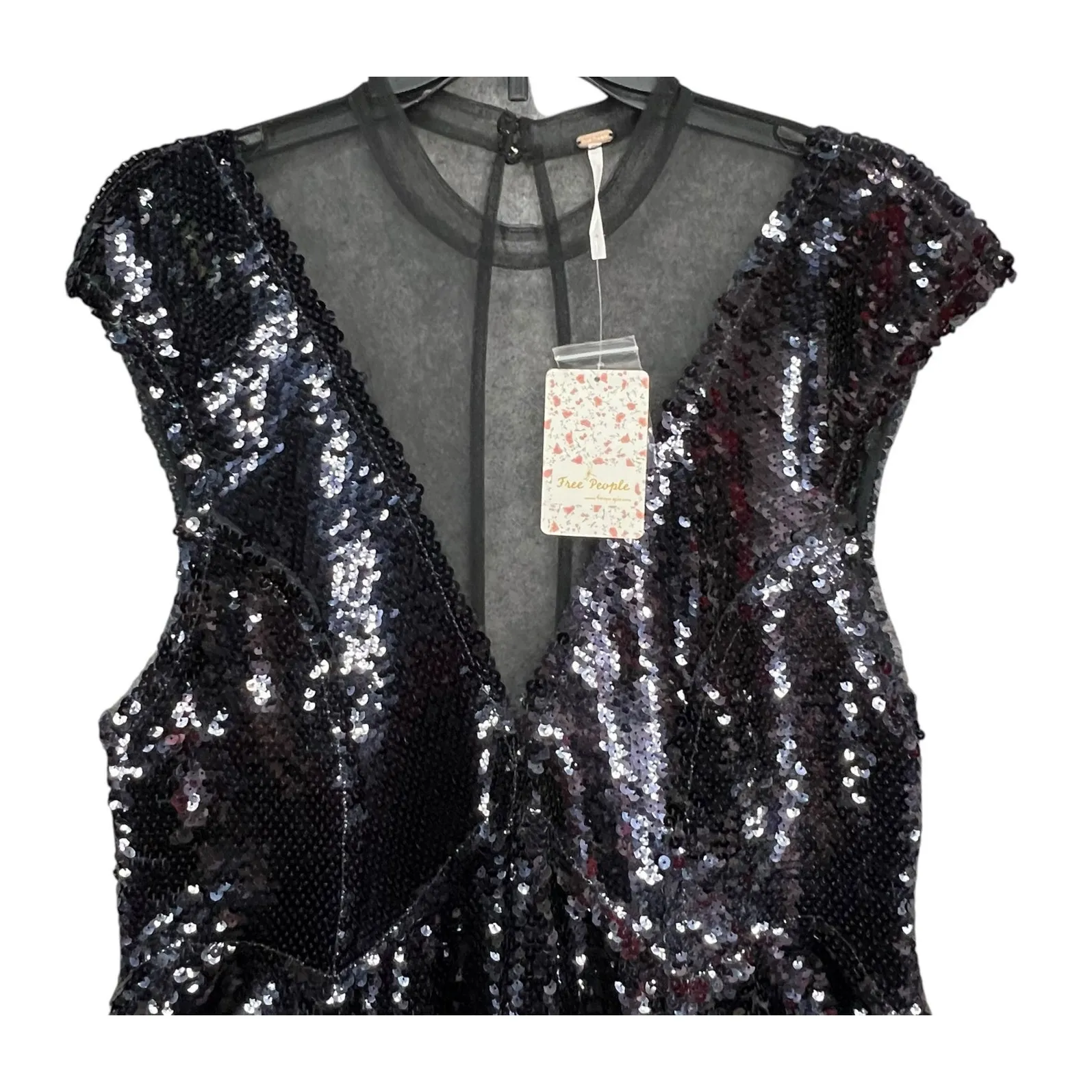 Free People Sequin Illusion Dress L Black Fit Flare Cocktail Goth Glam Showgirl - Image 4