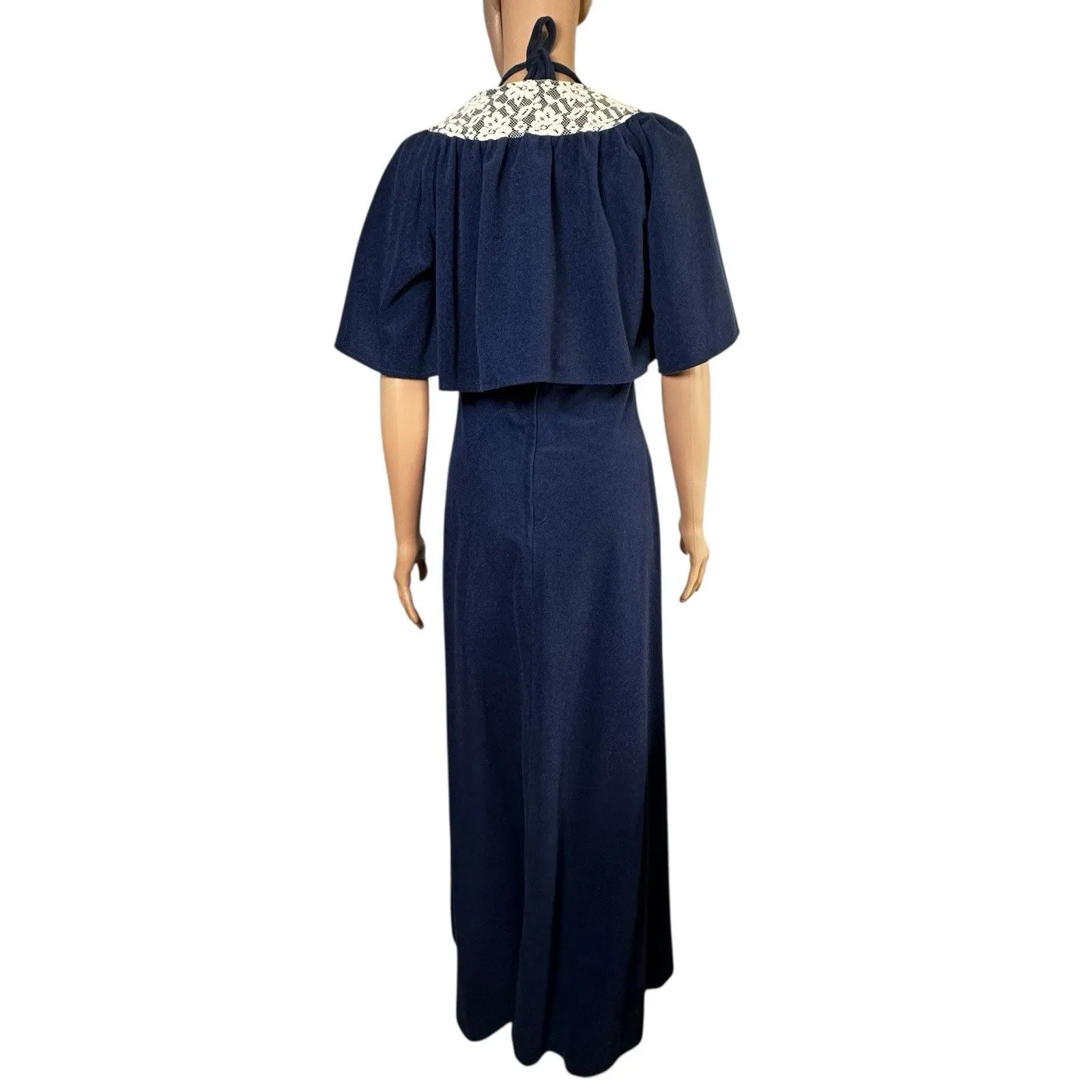 Vtg Blue Dress W/ Shrug 70s 80s Maxi Lace Bell Sleeve Halter Boho Hippie Regency Size 8 - Image 4