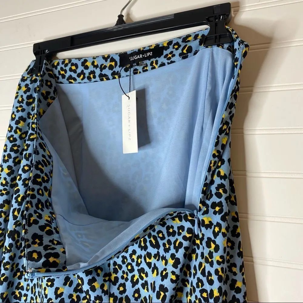 Sugar Lips Satin Animal Print Blue Midi Skirt - Image 4