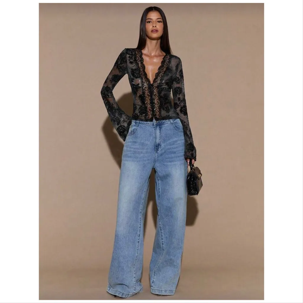 SHEIN BAE Women's Black Long Sleeve Deep V-Neck Flocked/ Lace Top/ Brand New - Image 4