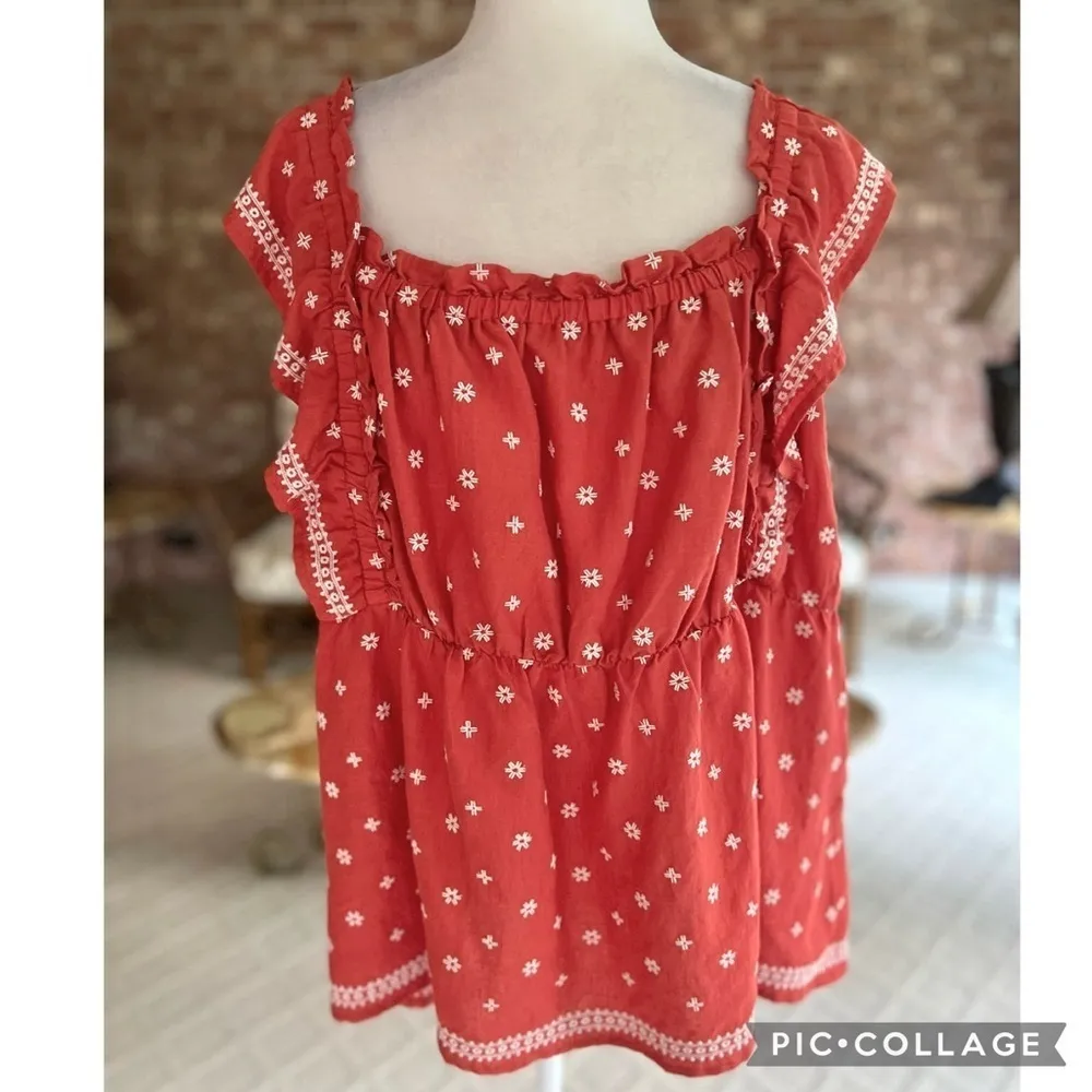 NWT Old Navy Top Smocked Ruffle Sleeve Coral Embroidered XXL Boho Peasant Casual - Image 3