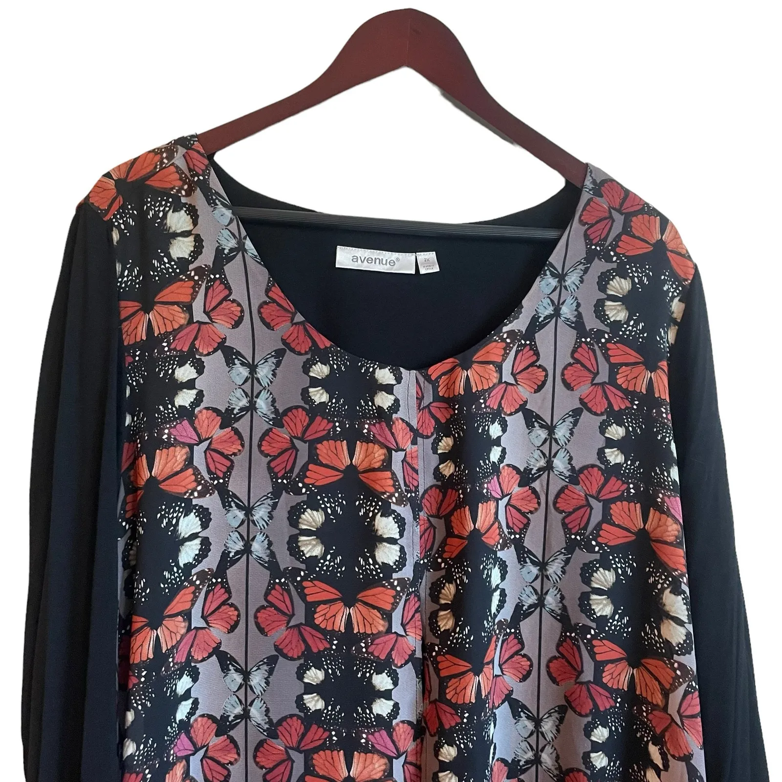 Avenue Women Top 2X Black 3/4‎ Sleeve Flyaway Layer Butterfly Print Lagenlook - Image 4