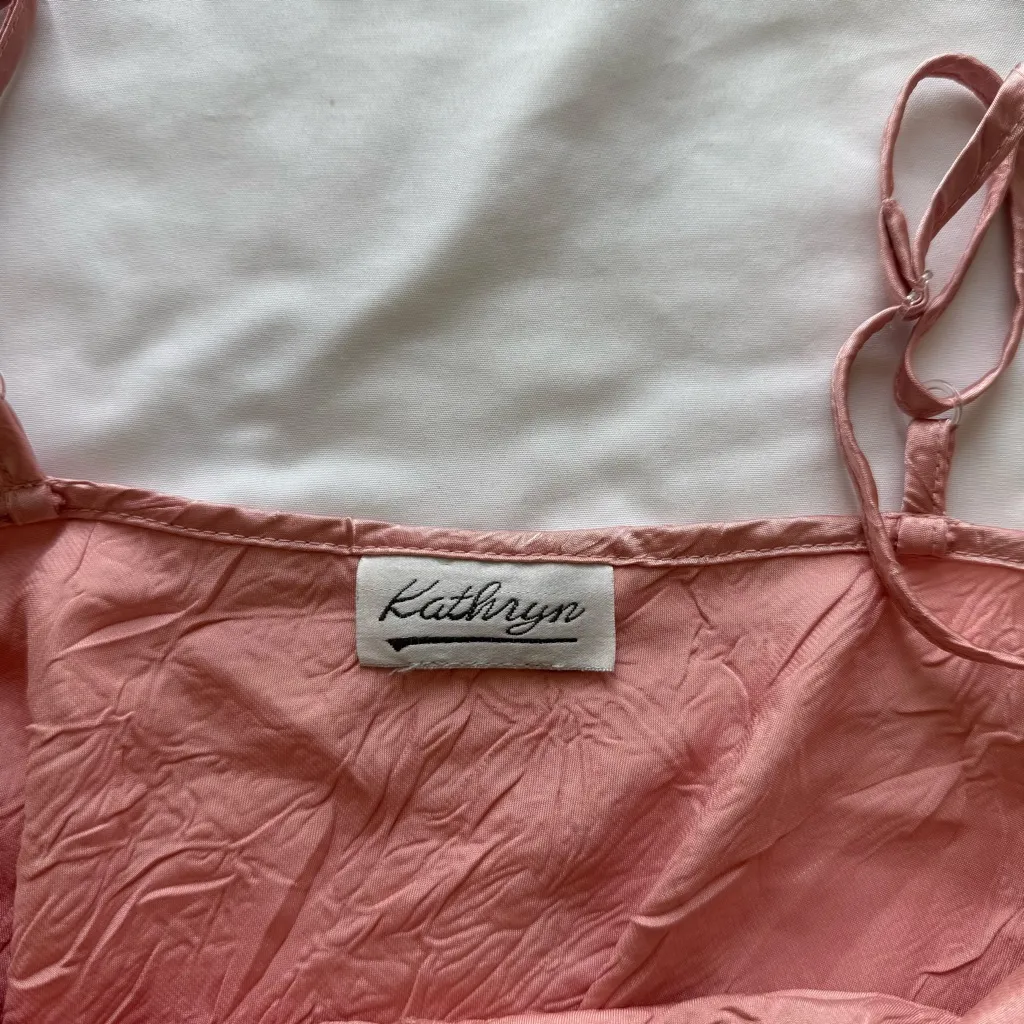 Vintage Y2K Pink Crinkle Satin Brown Lace Trim Cami Tank Top Babydoll Coquette Size M - Image 3