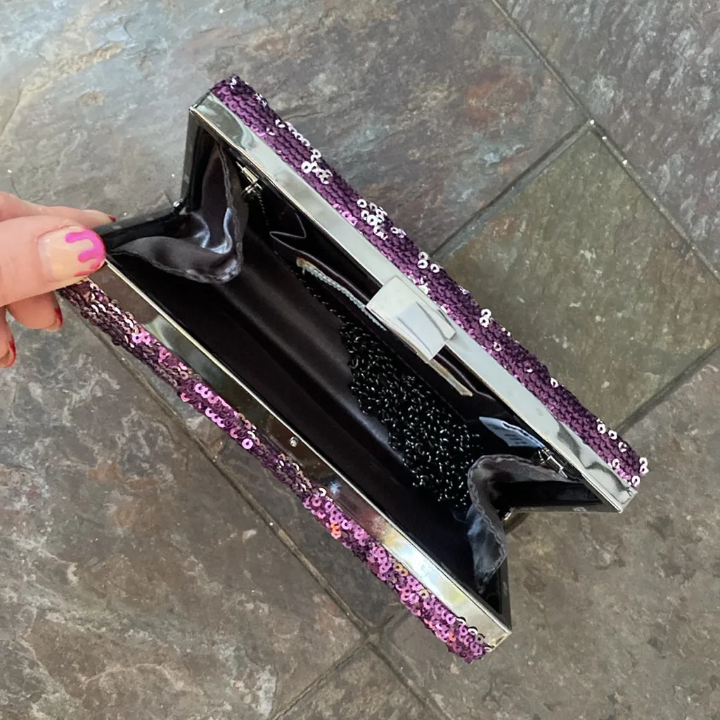 Kimchi Blue Purple Silver Sequin Box Clutch with Chain Strap - Image 8