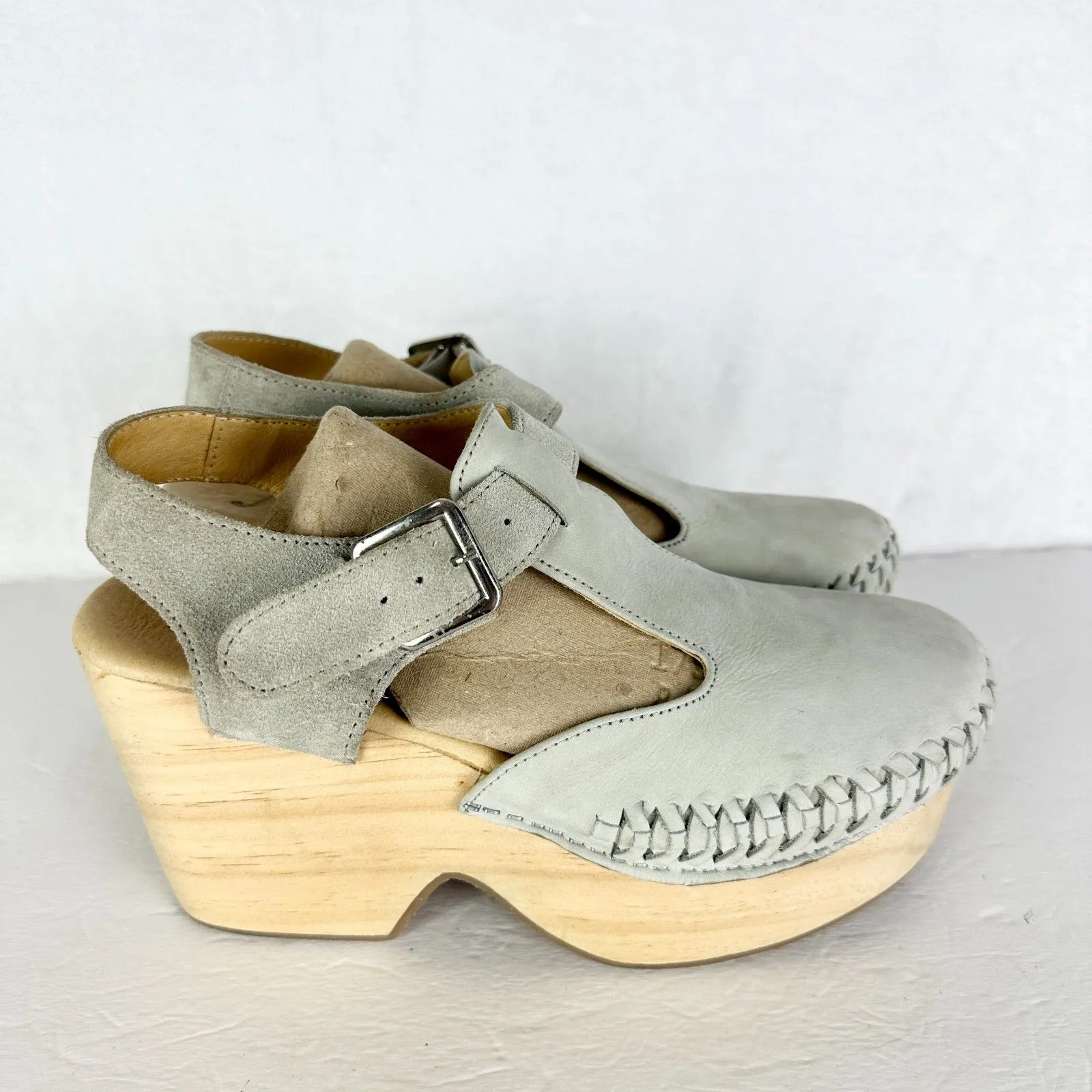 Free People Emmer Clogs Size 38 US 7.5 Platform Leather Wood Grey Chunky - Image 2