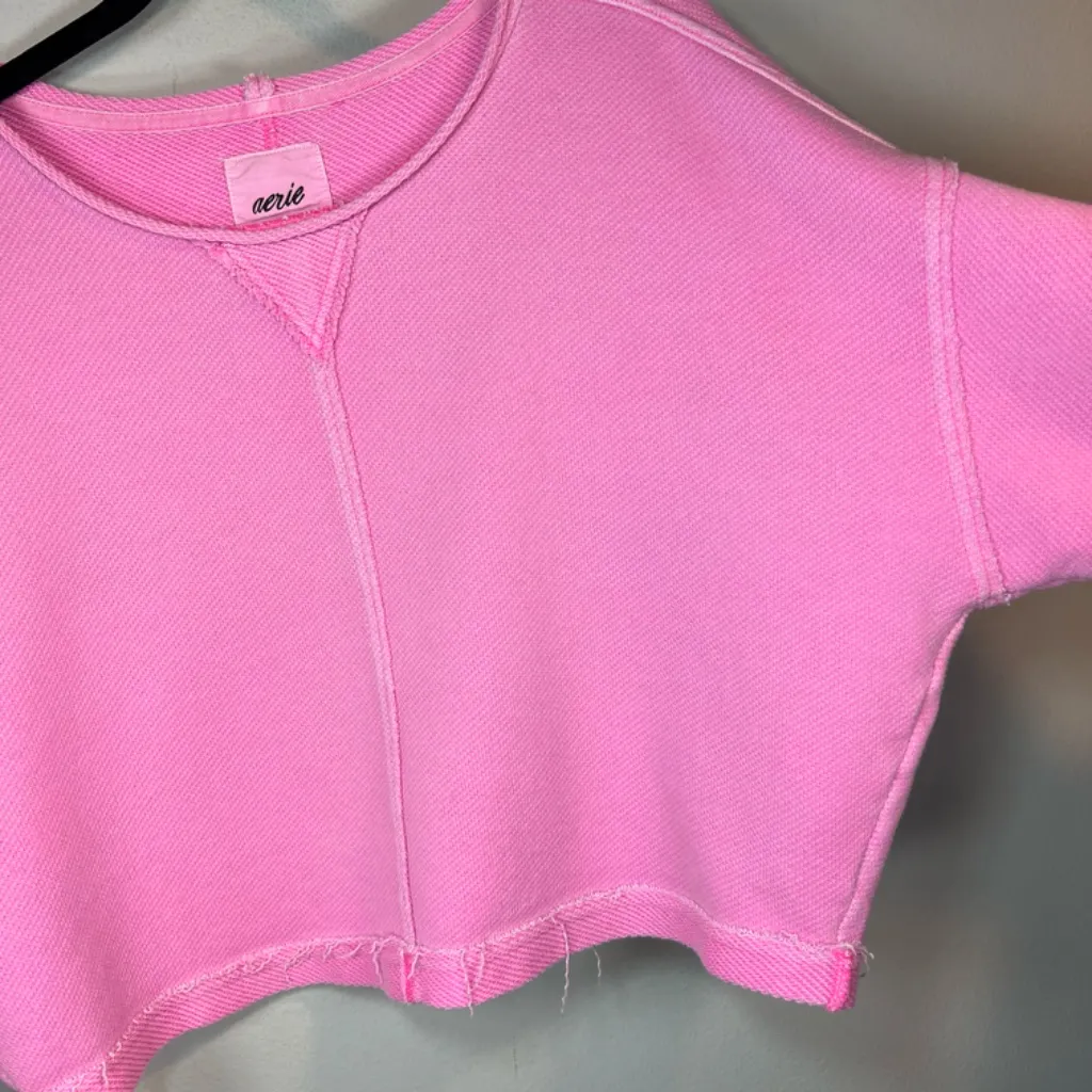 Aerie Beach Party Crop Crewneck Sweatshirt Pink Oversized Distressed FLAW  Small - Image 7
