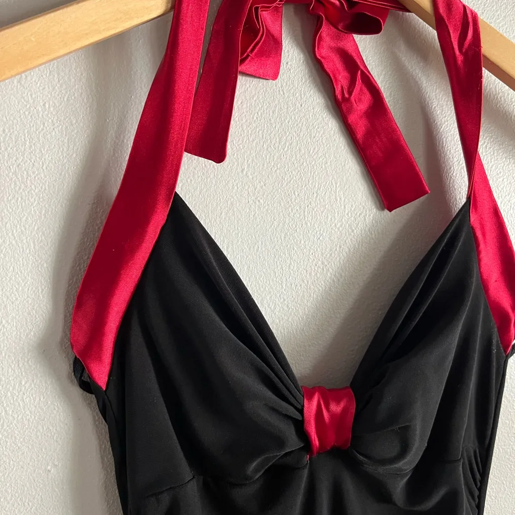 Y2K Taboo Black Red Halter Dress Satin Trim Jersey Stretch Pin Up XS - Image 3
