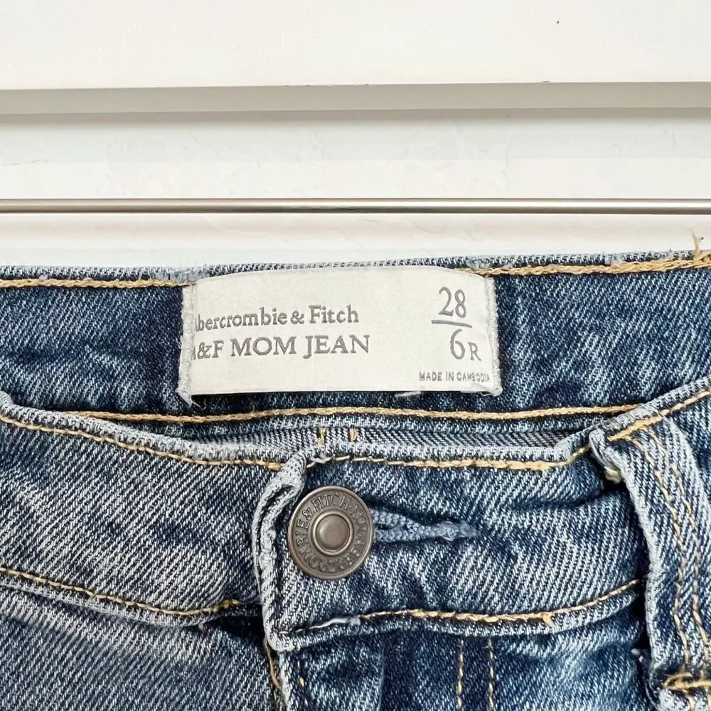 Abercrombie Denim High‎ Rise Ripped Knee Distressed Mom Jeans Blue A&F Size 28 - Image 5