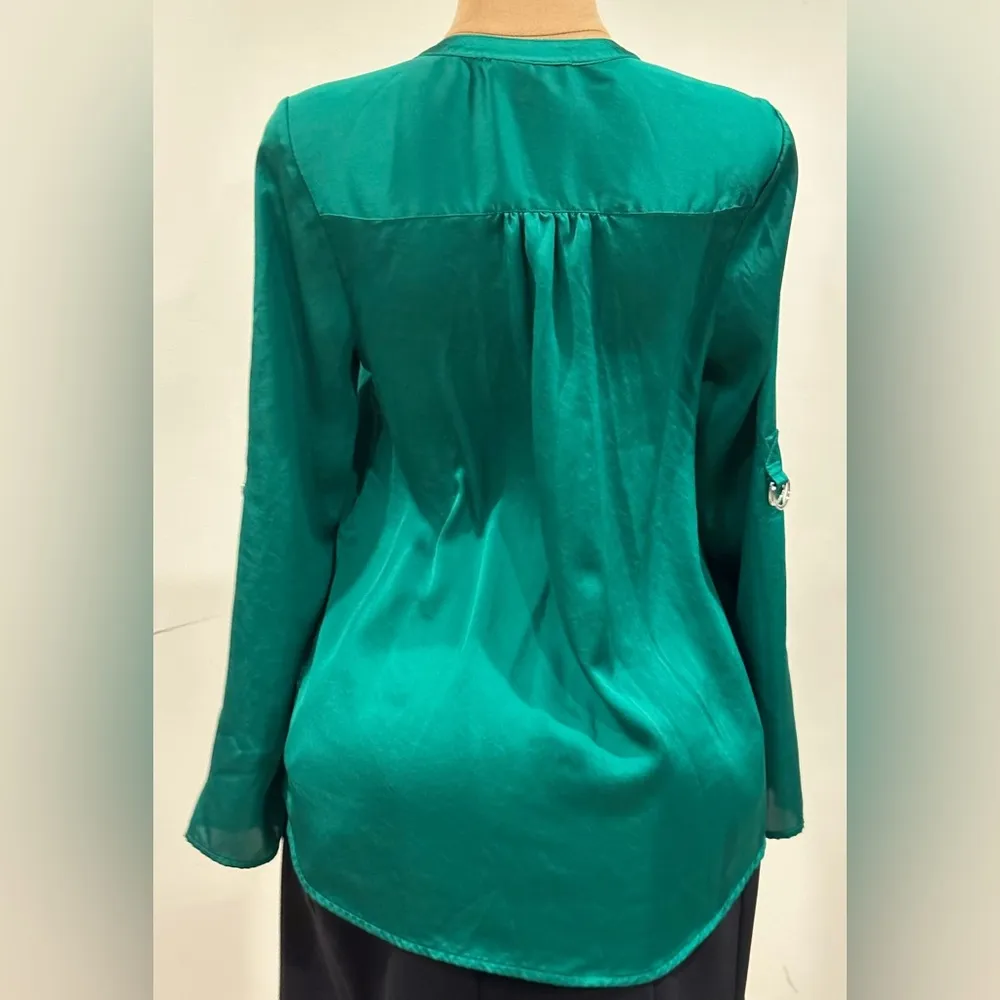 Dana Buchman Satin Emerald Green V Neck Metal Buttons & Metal Hooks Sleeve  Sz M - Image 8
