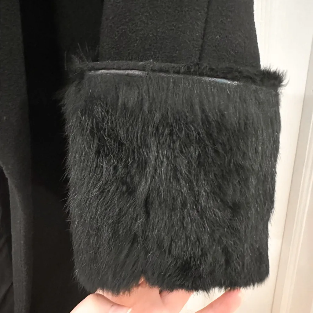 Vintage Lord & Taylor Wool Blend Knee length Belted Coat Rabbit Fur Trim Black Size XS - Image 5