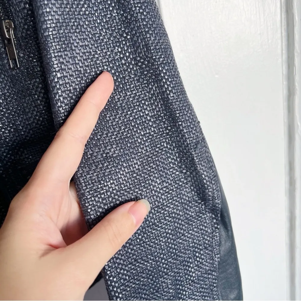 Monika Chiang • moto jacket leather woven asymmetrical zip navy blue cropped - Image 7