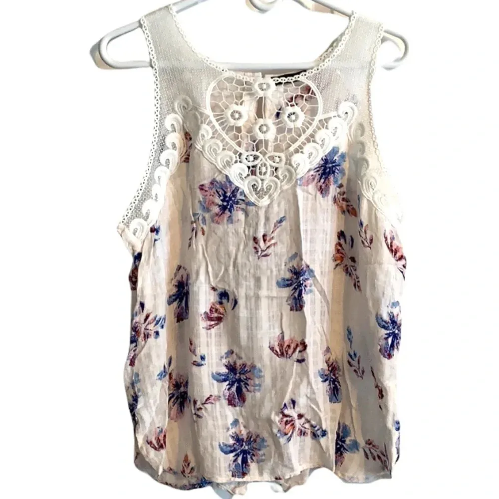 FYLO Floral Gauzy Top Lace Trim Button Back Sleeveless Feminine Romantic XXL Blue - Image 10