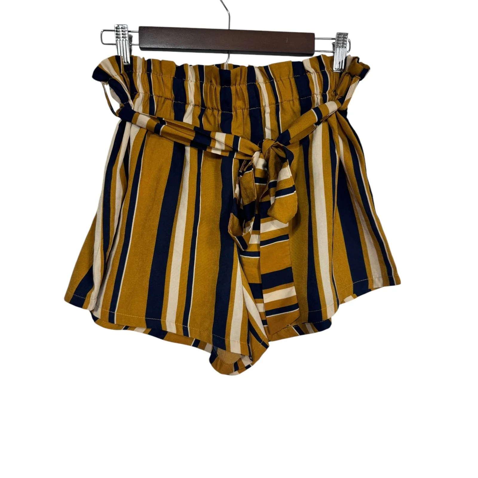 Shein Mustard Navy Striped Tie Waist‎ Paperbag Shorts Women's Size Large - Image 3