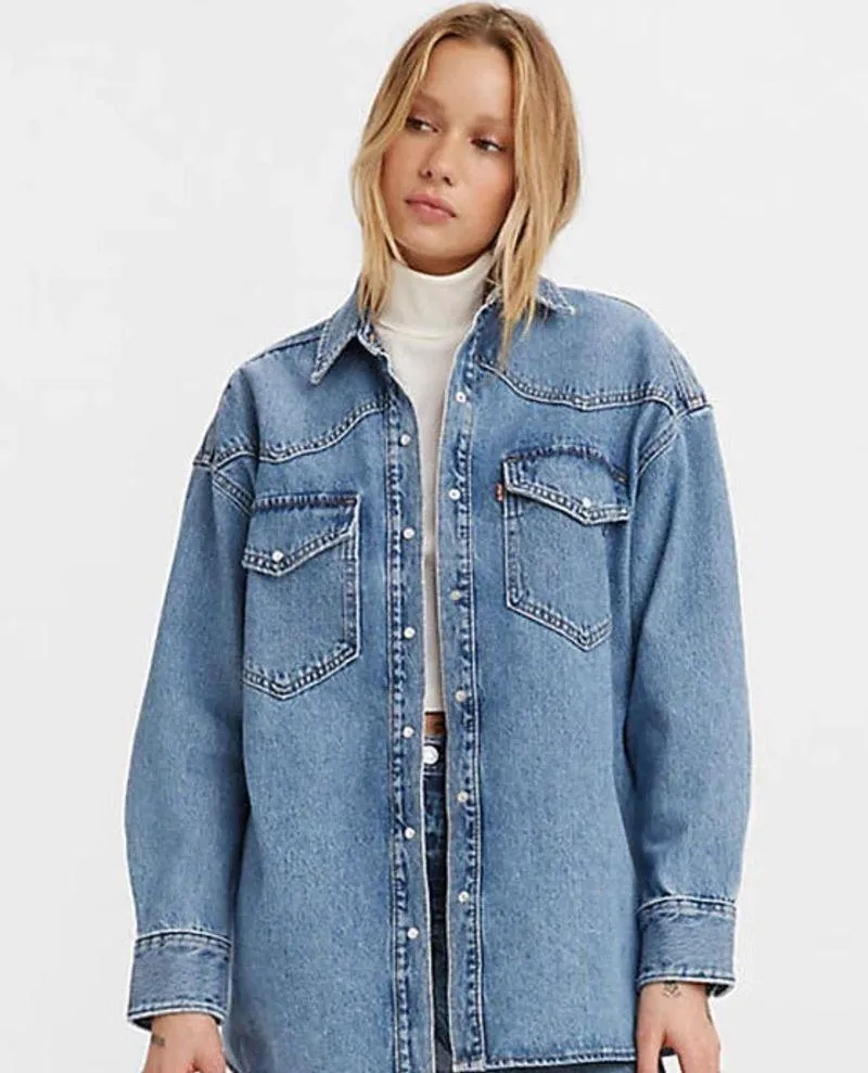 NWT LEVI’S Dylan Oversize Western Indigo Denim Jacket Shirt  Stonewash L - Image 2