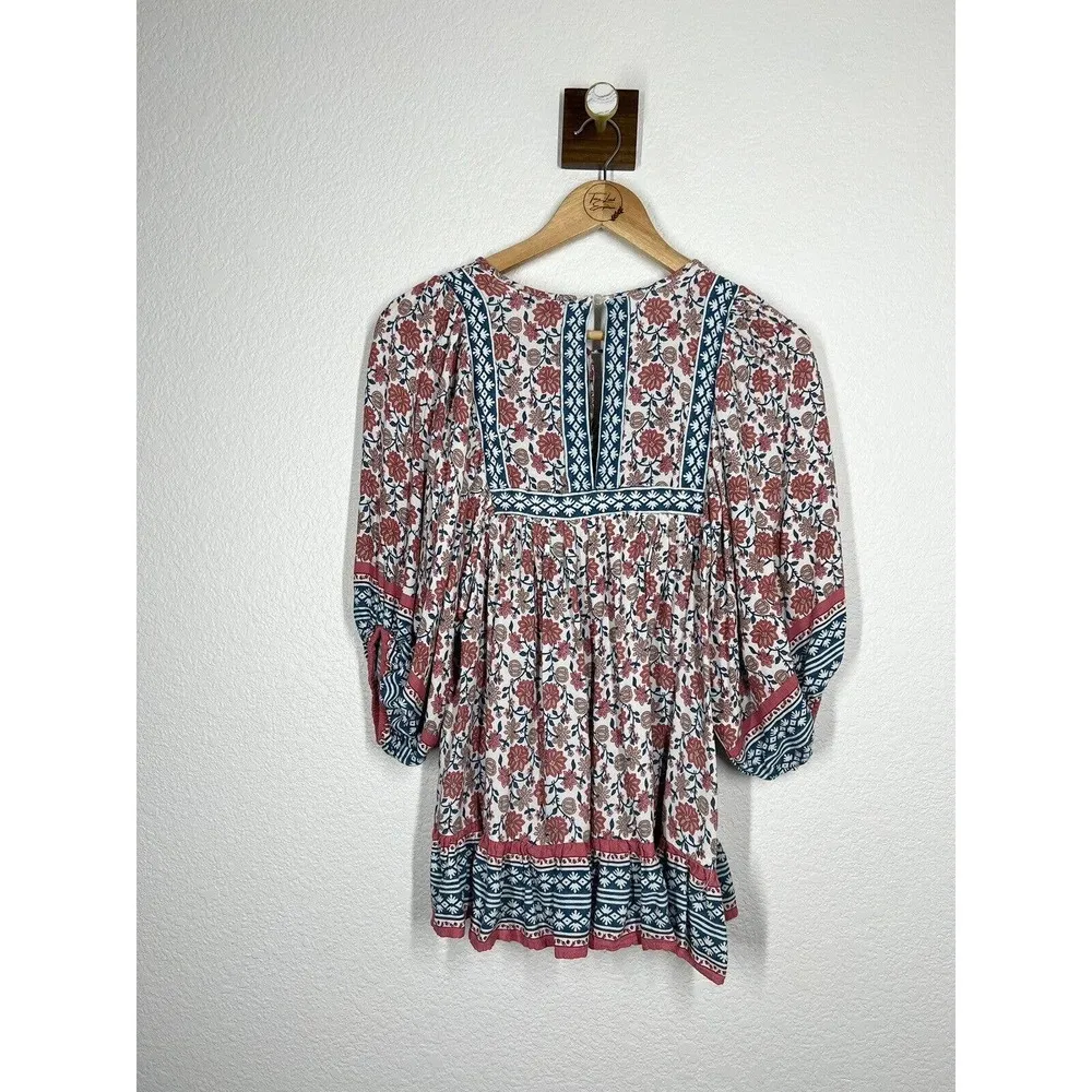 Rachel Zoe Floral Peasant Top Small S Boho Bohemian Half Puff Sleeve Tassel - Image 5