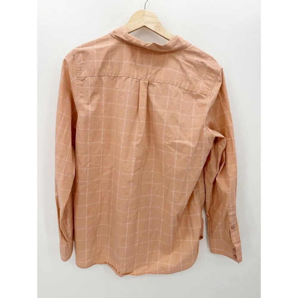 Garnet Hill Women 12 Salmon Pink Button Down Shirt Windowpane Plaid Pima Cotton - Image 2