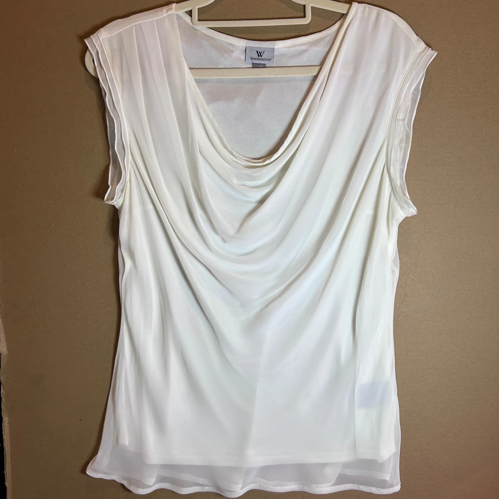 Worthington Womens Ivory Cowl Neck Sleeveless Sheer Overlay Top Size L - Image 2