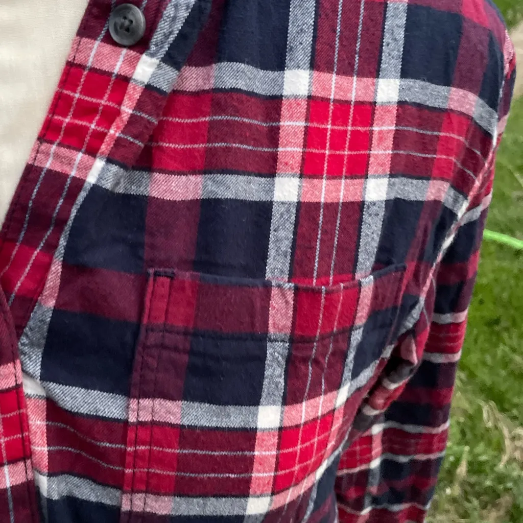 Classic Navy Cotton Garment Hooded hoodie jacket Large L Plaid Women's blue red - Image 5