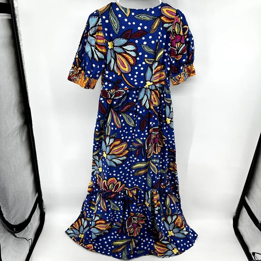 Tabitha Brown Puff Sleeve Midi Dress Mixed Floral Polka Dot A Line Blue Orange 2 - Image 8
