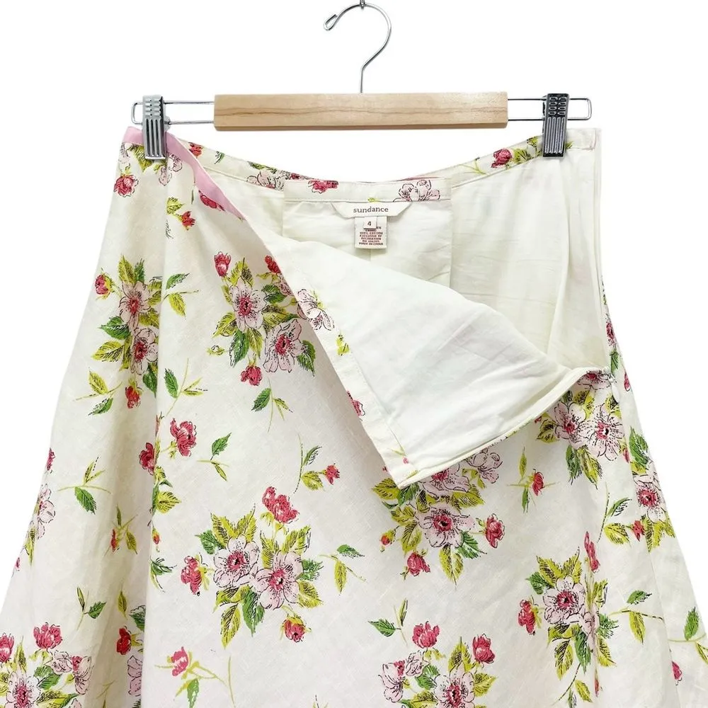 Sundance Linen Floral A-Line Skirt Size 4 Butter Yellow Pink Lace-Up Back Hi-Low - Image 8